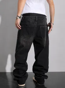 Detailed back view of men's plus size baggy jeans with classic pocket design in black