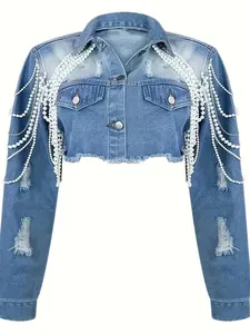 Front view of cropped denim jacket featuring heavy distressed details and pearl chain tassels