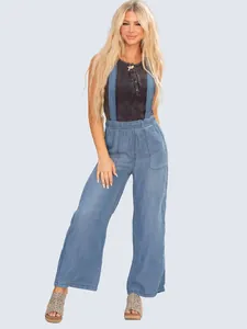 Stylish women's light blue tencel denim overalls with wide-leg straight cut design