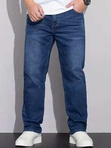 Herren Übergröße Gerade Jeans Lässige Lockere Passform Denim Blau Gewaschene Baumwollmischung Unterteile Klassische Britische Stil Hose