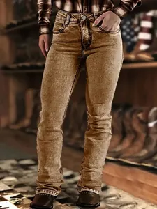Detail of women's retro slim-fit acid-washed straight-leg jeans in vintage brown
