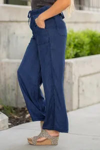 Comfortable dark blue Tencel wide-leg trousers with drawstring waist and pockets