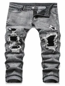 Premium gray high street style distressed ripped jeans with patch detail for men