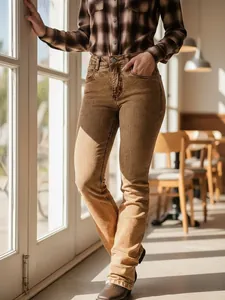 Women Vintage Washed Brown Straight Leg Denim Jeans High Waist Slim Fit Retro Streetwear Long Casual Denim Pants