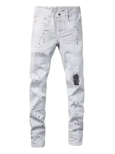 Herren High Street Weiße Zerstörte Jeans Mit Tintenspritzern Slim Fit Gerade Bein Stretch Denim Hose Mit Patchwork Detail