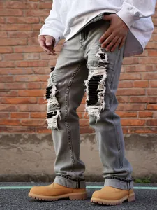 Men High Street Ripped Patchwork Jeans Plus Size Washed Grey Straight Leg Denim Pants Hip Hop Streetwear Men Jeans