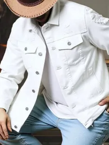 Detailed view of white distressed denim jacket for men featuring ripped design