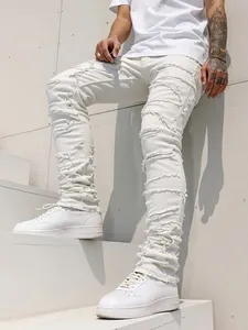 Herren High Street Weiße Denim Jeans Baumwolle Polyester Elasthan Zerrissen Schweres Patchwork Slim Fit Stacked Hose Streetwear