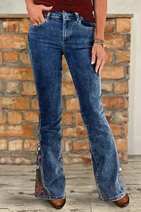 Slim fit blue denim flare jeans with floral embroidery for women bohemian style