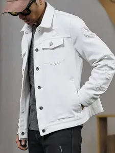 Detailed side view of a white distressed denim jacket for men in a trendy high street style