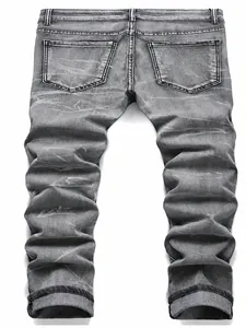 Back view detail of men's plus size grey straight-leg jeans with washed texture