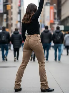 Vintage washed brown straight-leg jeans for women with a slim fit casual urban style