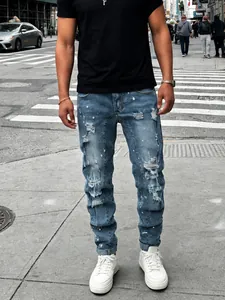 Men's plus size ripped denim jeans with white paint splatter design