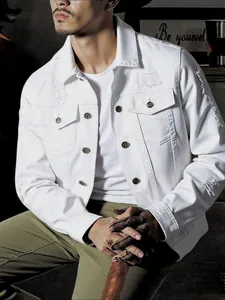 Men Plus Size White Denim Jacket High Street Distressed Ripped Jean Coat Cotton Outerwear For Men Casual Retro Streetwear