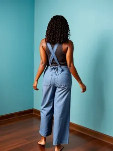 Rear view of light blue wide-leg denim bib trousers featuring stylish cross straps