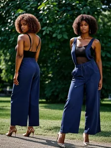 Stylish navy blue wide-leg denim overalls for women shown from front and back angles