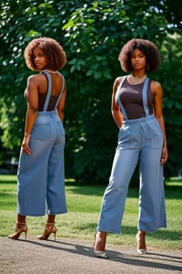 Detailed front and back view of stylish women light blue tencel denim wide-leg overalls