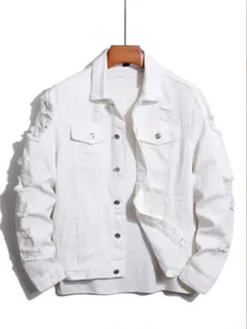 Stylish men's white distressed denim jacket featuring ripped details and a modern plus size fit.