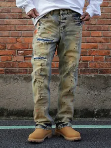 Men's Vintage Distressed Ripped Jeans Cotton Blend Paint Splatter High Street Straight Leg Denim Pants For Daily Casual