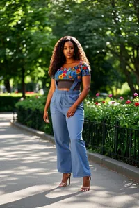 Stylish light blue tencel denim wide-leg overalls worn by a woman in a sunny park setting