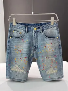 Men's Ink Splash Ripped Denim Shorts Slim Fit Stretchy Distressed Washed Retro Five Point Jean Shorts For Summer Casual Wear