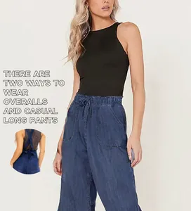 Detail view of women's Tencel wide-leg pants showing convertible overall style
