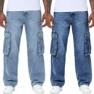 Men's Relaxed Fit Cargo Jeans Stretch Multi-Pocket Straight Leg Washed Cotton Blend Casual Denim Pants For Daily Wear