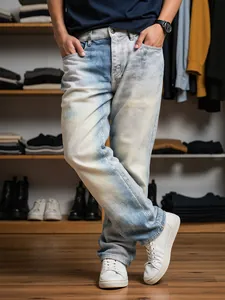 Jeans Dritti da Uomo High Street Fashion Blu Americano Lavaggio a Neve Sfumato Pantaloni Denim Retro Casual