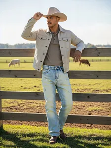 Jean délavé dégradé bleu clair pour homme coupe ajustée droite extensible style ranch