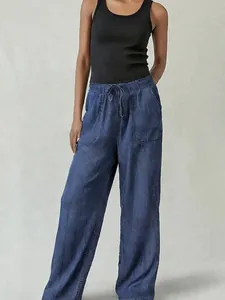 Women's wide-leg lightweight Tencel denim trousers with comfortable drawstring waist