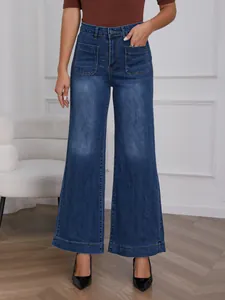 Detailed front view of high-waisted wide-leg denim jeans with large front pockets
