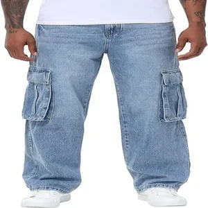 Stylish men's loose fit light blue cargo denim jeans featuring large side utility pockets
