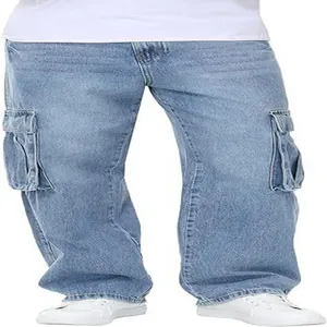 Detailed view of men's straight-leg light blue denim cargo pants with side pockets