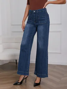 High-waisted wide-leg denim jeans with retro front pockets and slim-fit design