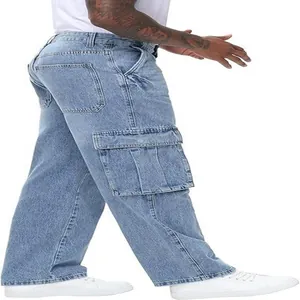 Detail shot of men's loose fit straight-leg cargo denim jeans in light blue wash