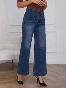 Classic high-waisted wide-leg denim jeans in vintage dark blue with front pocket details