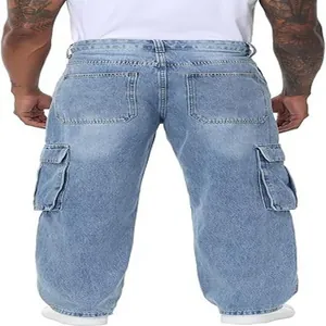 Detailed rear view of men's relaxed fit straight cargo denim jeans with pockets