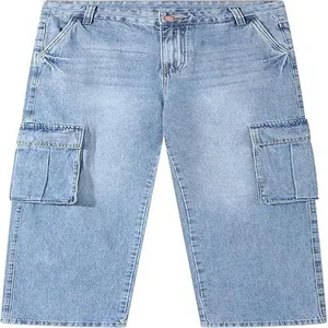 Detail of men's loose straight denim cargo pants with functional side pockets