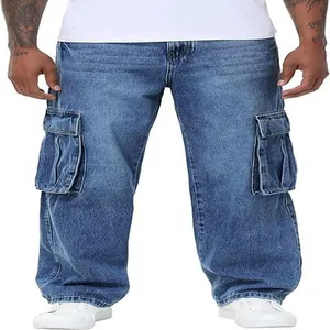 Macro detail of men's loose straight-leg cargo jeans with large side pockets