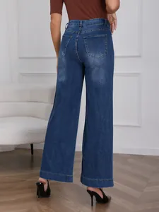 Detailed back view of the high-waisted fit and pocket design of these wide-leg blue jeans