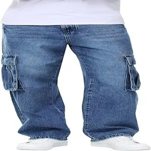 Detailed view of men's blue loose straight leg cargo jeans with large side pockets.