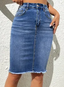 Close-up view of high-waist stretch denim pencil skirt featuring a stylish frayed hem detail.