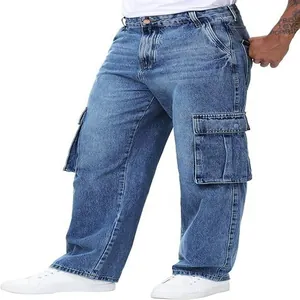 Detail view of men's blue cargo denim pants featuring spacious side flap pockets