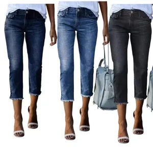 Jeans Ajustados de Cintura Alta para Mujer Moda Pantalones Capri de Mezclilla Dobladillo Deshilachado Corte Ajustado Pantalones Retro