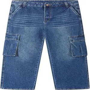 Front view of men's loose straight leg blue cargo jeans with functional multi-pockets