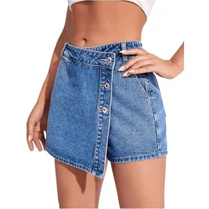 Dames Denim Skort Hoge Taille Asymmetrische Knoop Split Street Fashion Casual Katoen Jeansrok Shorts Blauw Gewassen Skort Voor Dagelijks