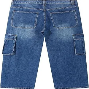 Detailed back view of men's loose straight-leg blue cargo jeans featuring multi-pocket design