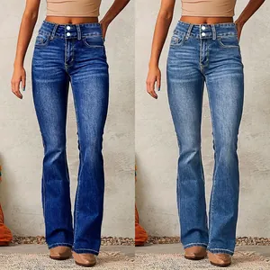 Jeans Denim a Zampa Elasticizzati a Vita Alta Vintage per Donna Pantaloni Lunghi Retro Lavati Micro Flare Moda Bottoms