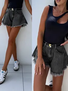 Stylish black high-waisted flared denim shorts with frayed hem for women's summer fashion.