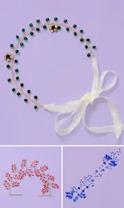 Détail de vignes de cheveux de mariée élégantes avec perles de cristal vertes, rouges